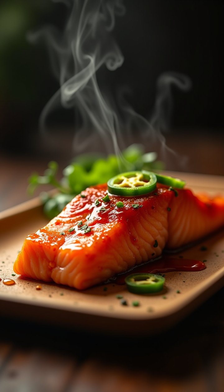Stillbilde av en laksefilet med jalapeño på et trebrett